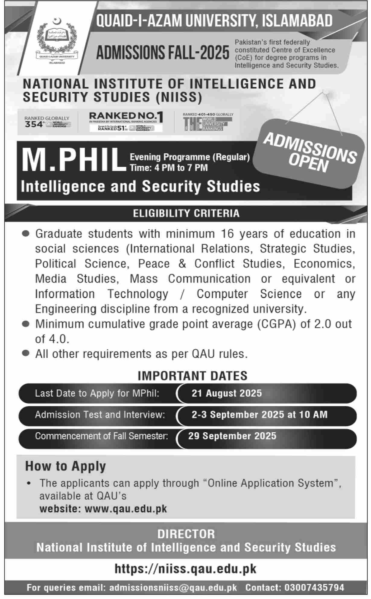 Admission Open in Quaid-e-Azam University Islamabad